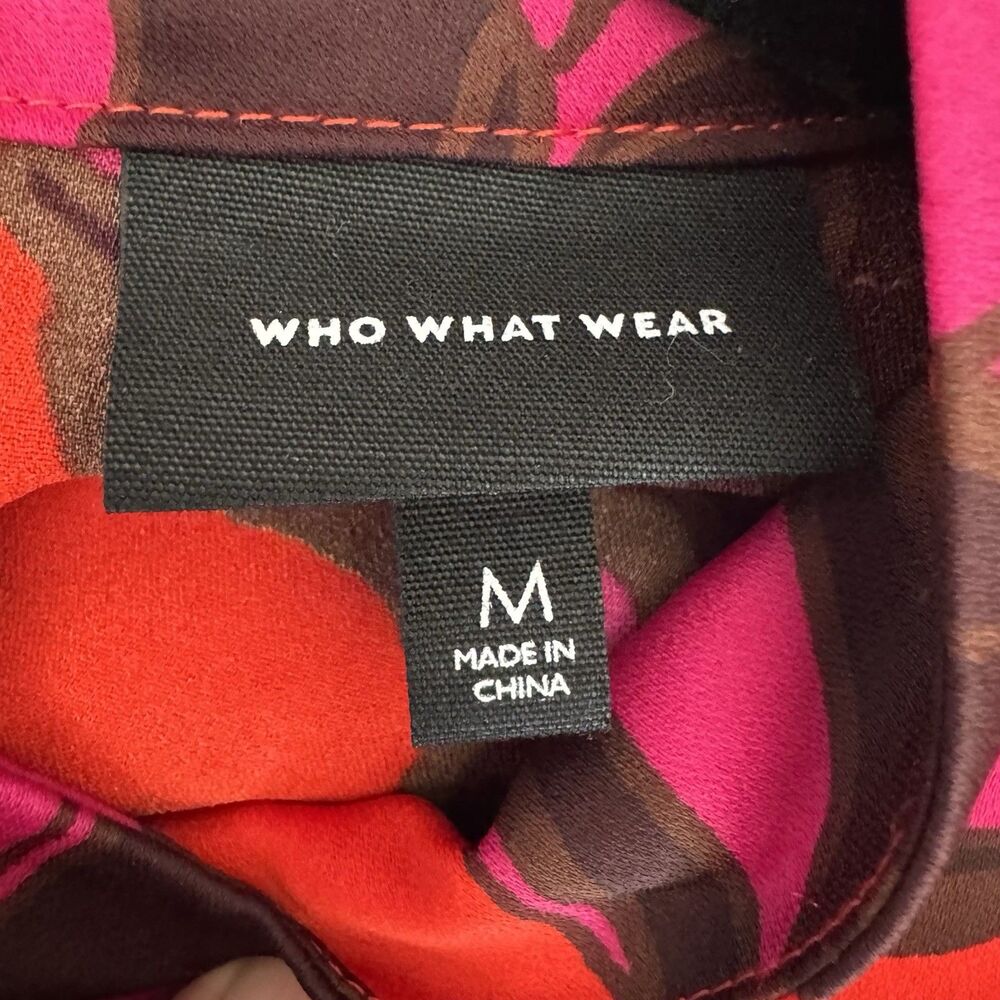 Who What Wear Floral Dress Womens Medium Red Pink Mock Neck Puff Sleeve Pockets - Picture 8 of 9